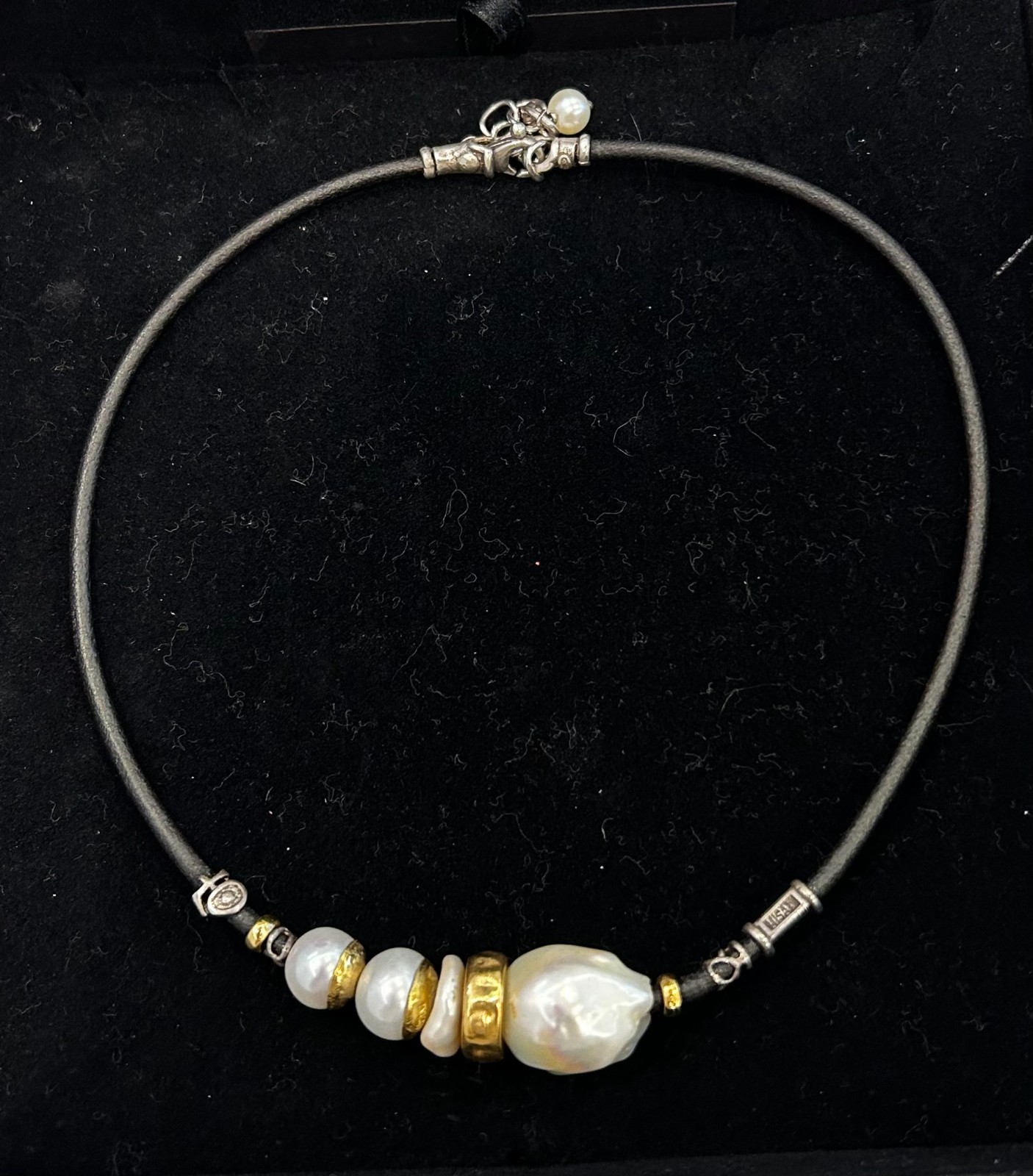 Authentic MISANI Milano Pearl Leather Necklace 18k Gold Sterling Silver Baroque