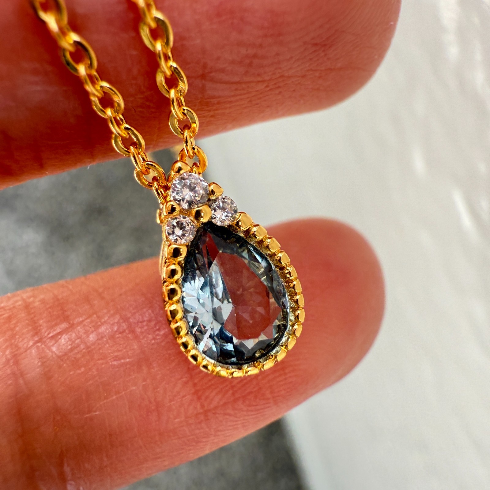 925 Sterling Silver Necklace 8x6mm Natural Aquamarine Zircon 14K Gold Plated NEW