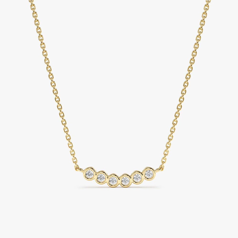 0.17 Ct Natural Round Cut Diamond Bezel Set Curved Bar Necklace 14k Yellow Gold