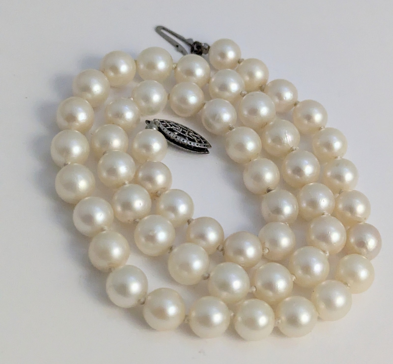 Vtg Genuine 7mm Cultured White Pearl Necklace Sterling Filigree Clasp 16.25″