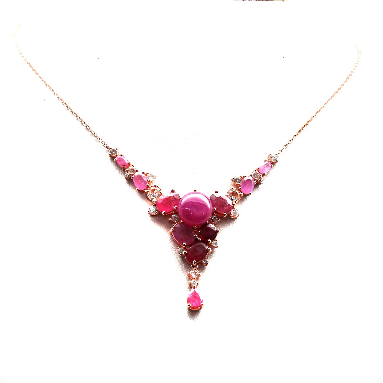 925 Sterling Silver Red Ruby Topaz Zircon Necklace Rose Gold Plated 18 in