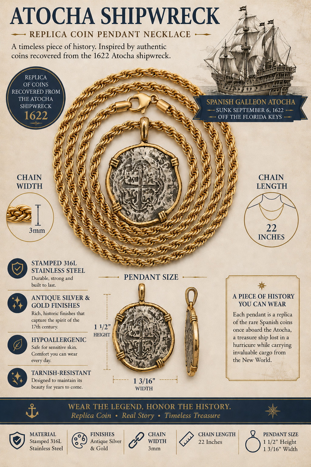 ATOCHA Coin Pendant Necklace Stainless Steel Replica w/ Gold Plated Rope Chain