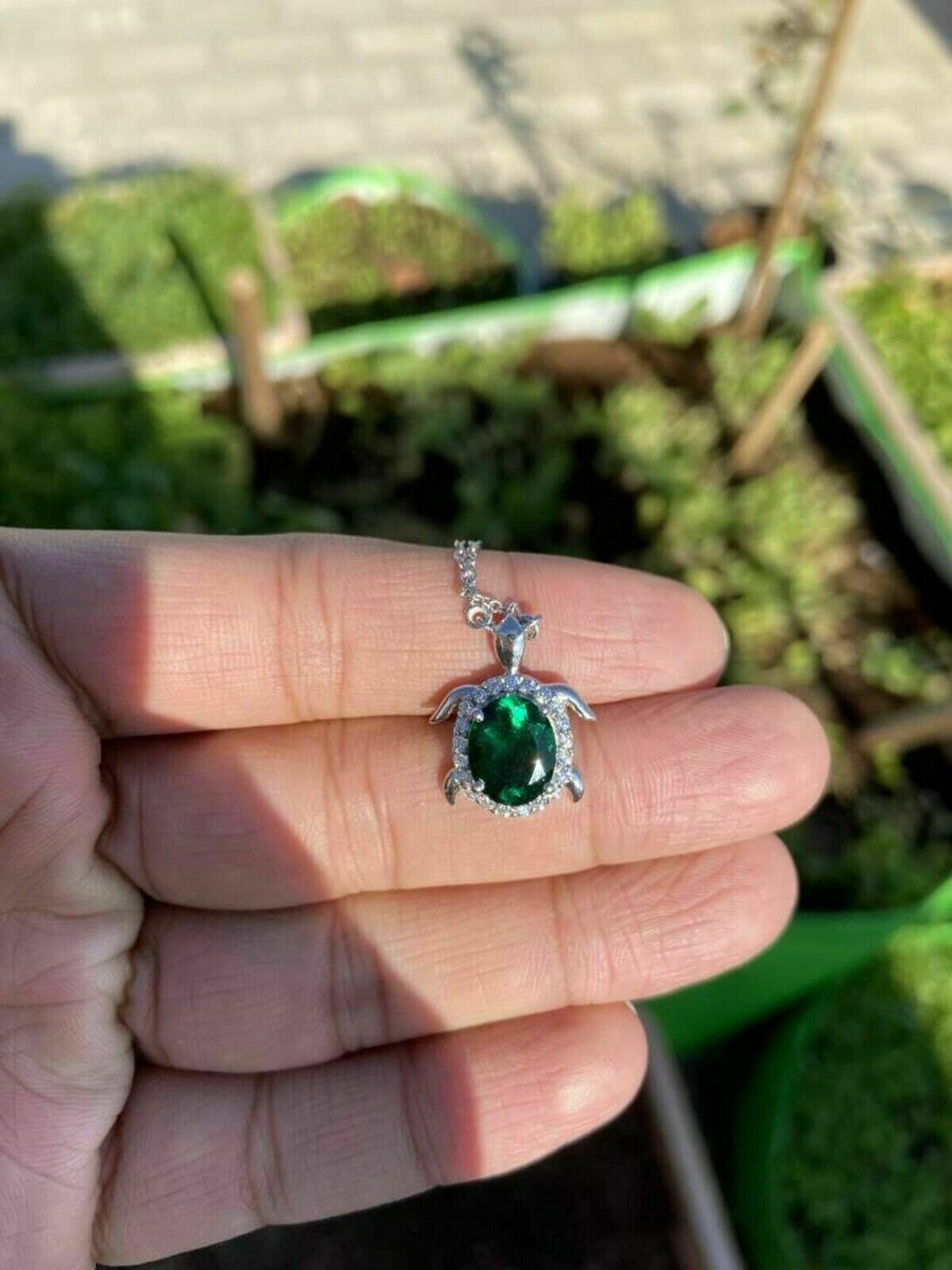 1Ct Oval Cut Lab-Created Emerald Turtle Pendant 14K White Gold Finish