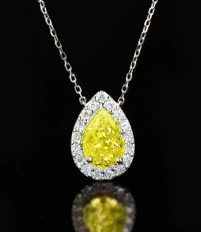 Pear Cut 4.50CT Fancy Vivid Yellow Diamond Nacklace Pendant 14k White Gold