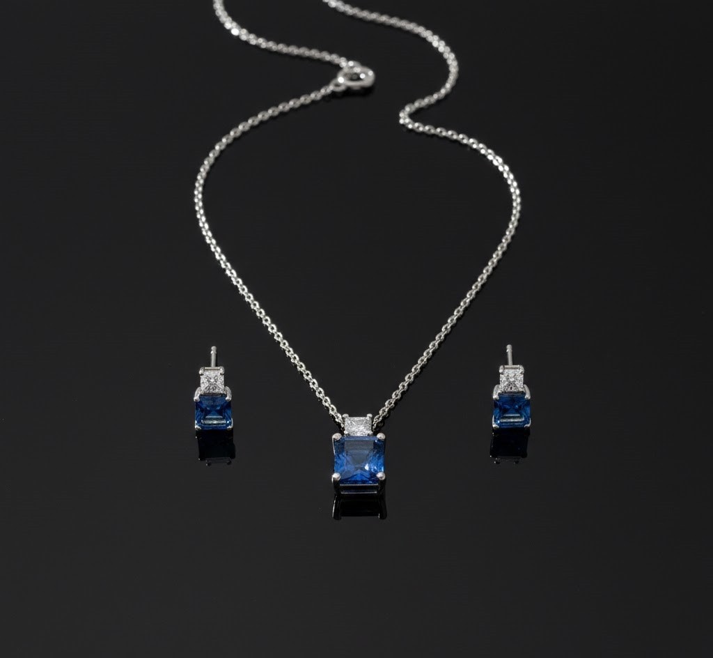 Lab Created Blue Sapphire Pendant Earring Set Everyday Wear 14k White GoldFinish