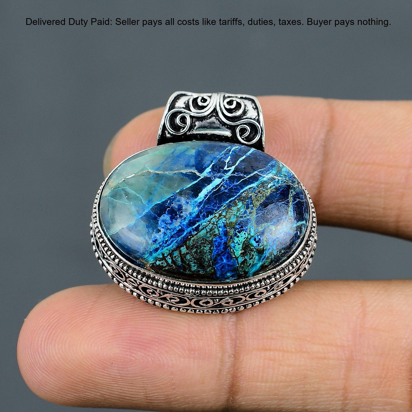 925 Sterling Silver Azurite Malachite Gemstone Unique Vintage Engagement Pendant