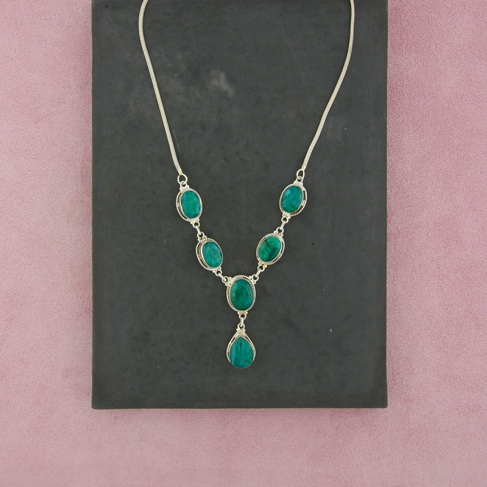 sterling silver braided emerald drop necklace size 17.5-19.5in