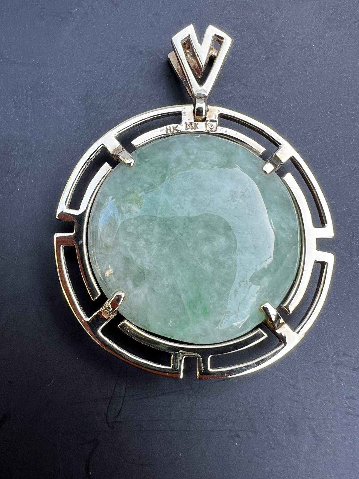 FINE HK 14k Yellow Gold Chinese Green Jade Disc Greek Key Pendant 8.5gr Jewelry