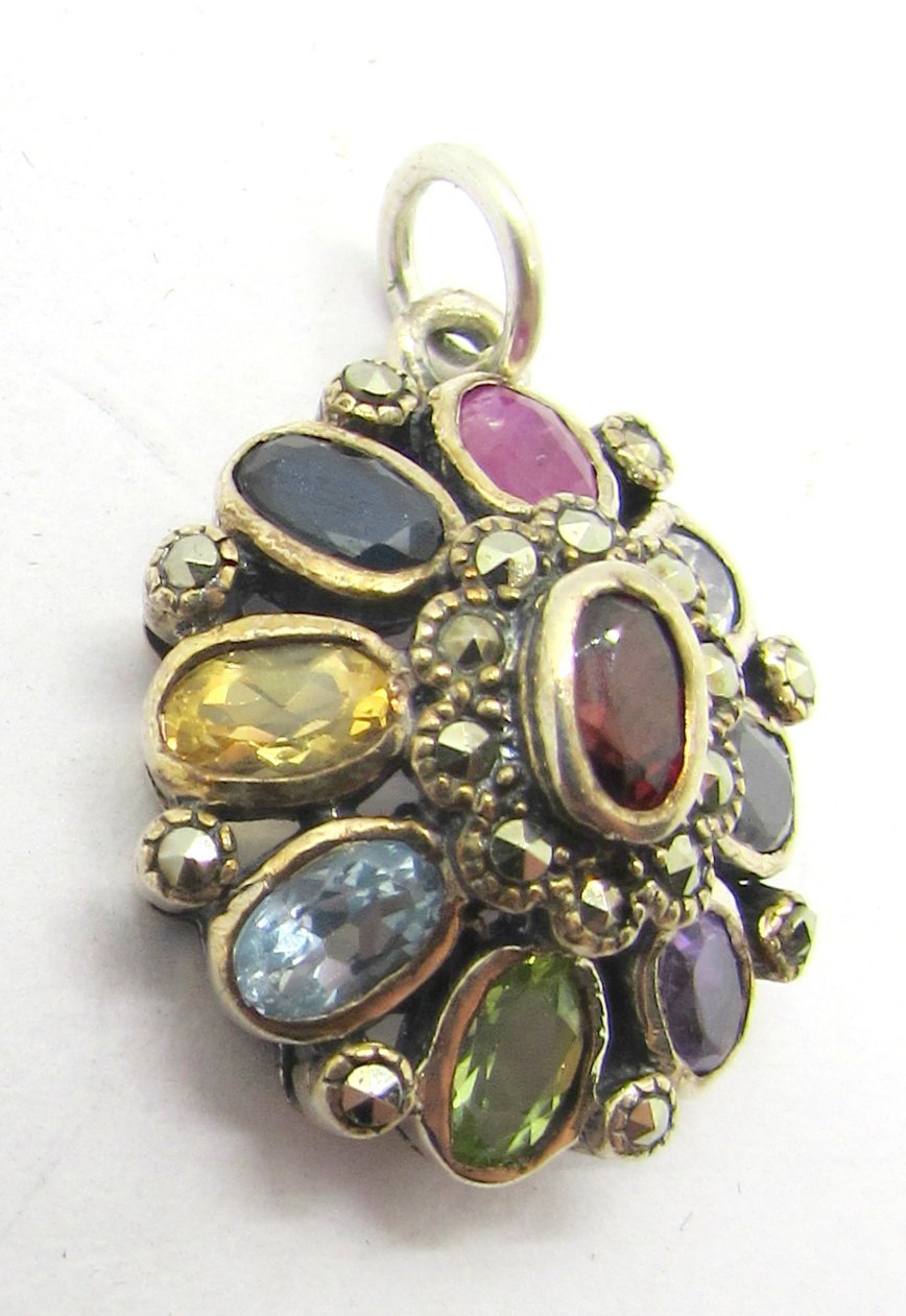 925 STERLING SILVER MULTI-COLOR GEMSTONE PENDANT OR CHARM 24X16MM ~ 3.7G