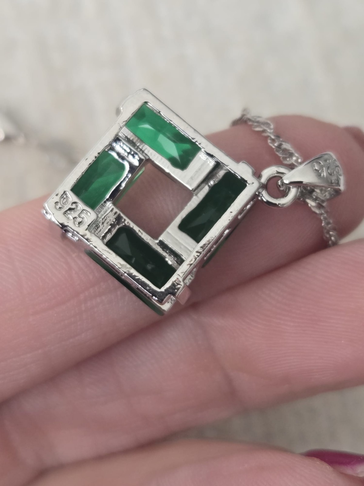 Sterling Silver Green Square Crystal 18 Inch Adjustable Necklace. UK Seller