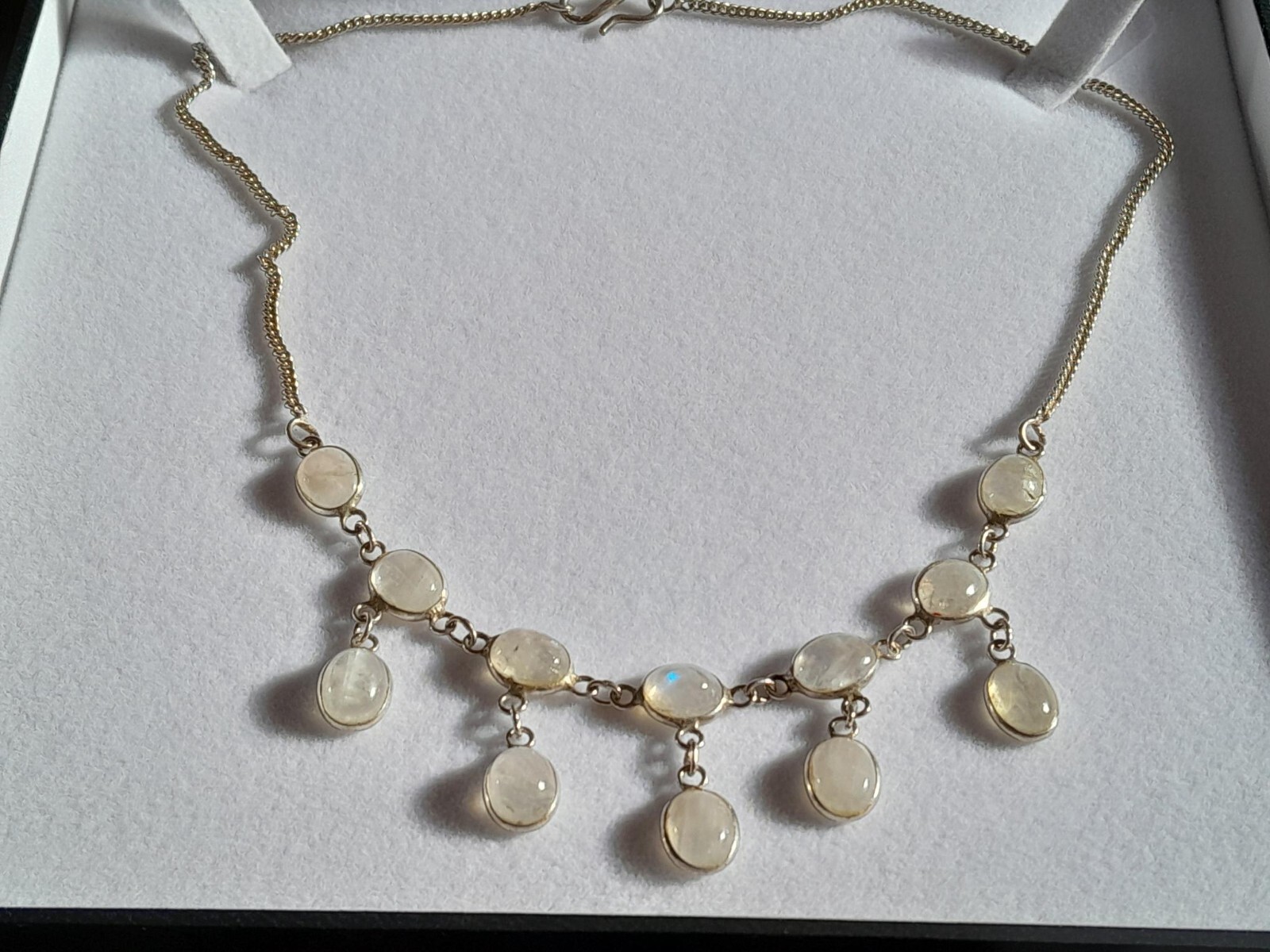 ANTIQUE 1910 STERLING SHEPHERD’S HOOK CEYLON MOON STONE NECKLACE HUES OF BLUE