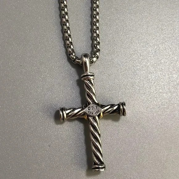 David Yurman Sterling Silver + 14k Gold Cross Pendant, DY 18-20” Necklace