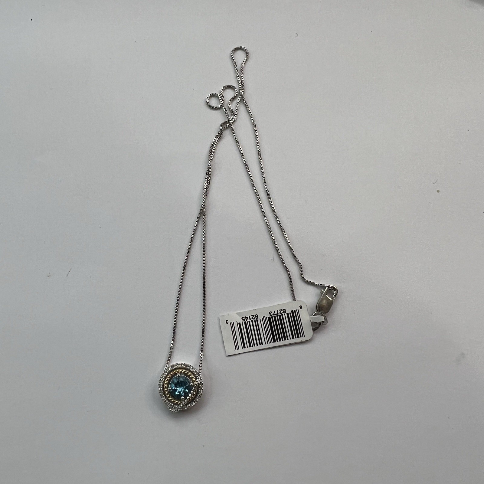 Blue Topaz Diamond Halo Pendant Necklace 925 Sterling Silver And 14K Gold NWT
