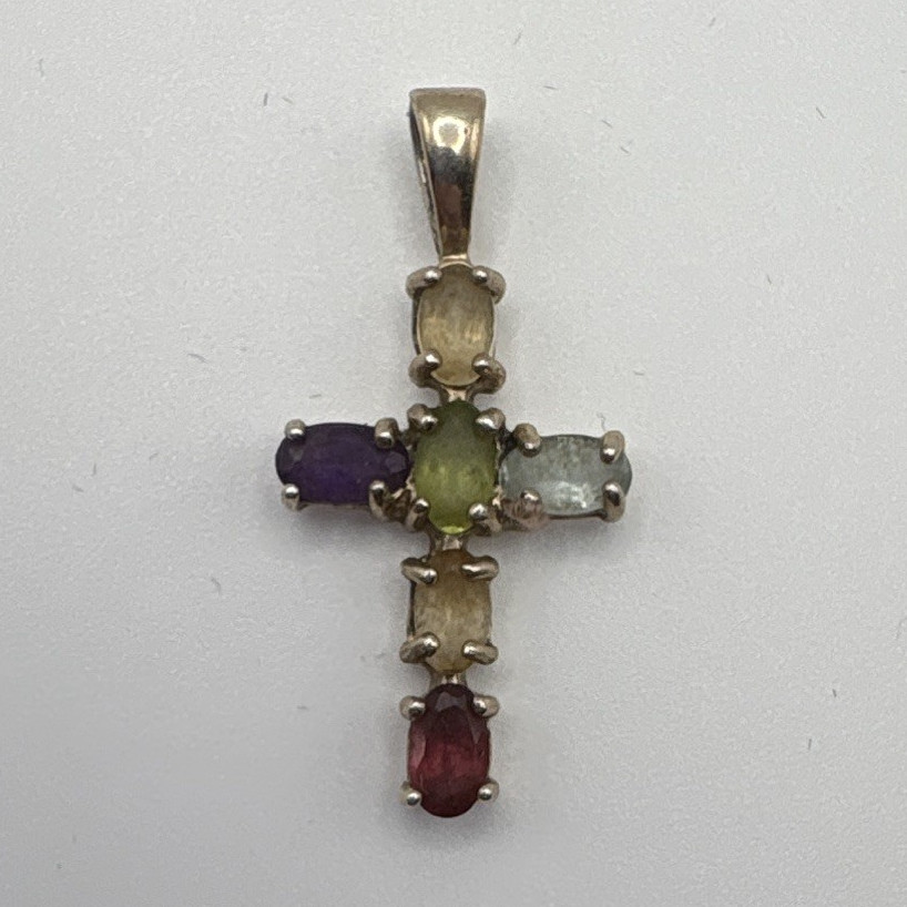 Gold over 925 Sterling Silver Cross Pendant Charm Prong Set 5 Multicolor Gems