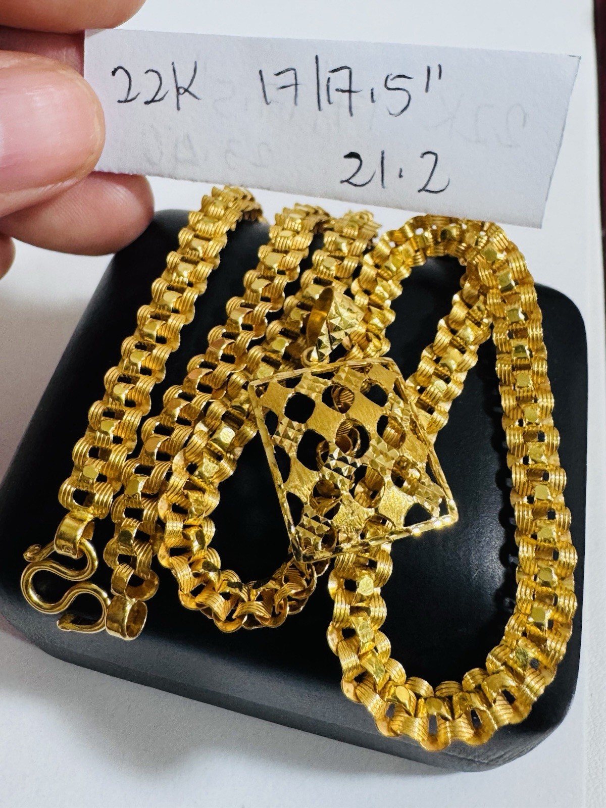 Solid 22K 916 Real Saudi Gold Rectangle Set Necklace 17”/17.5” Long 21.2g 6mm