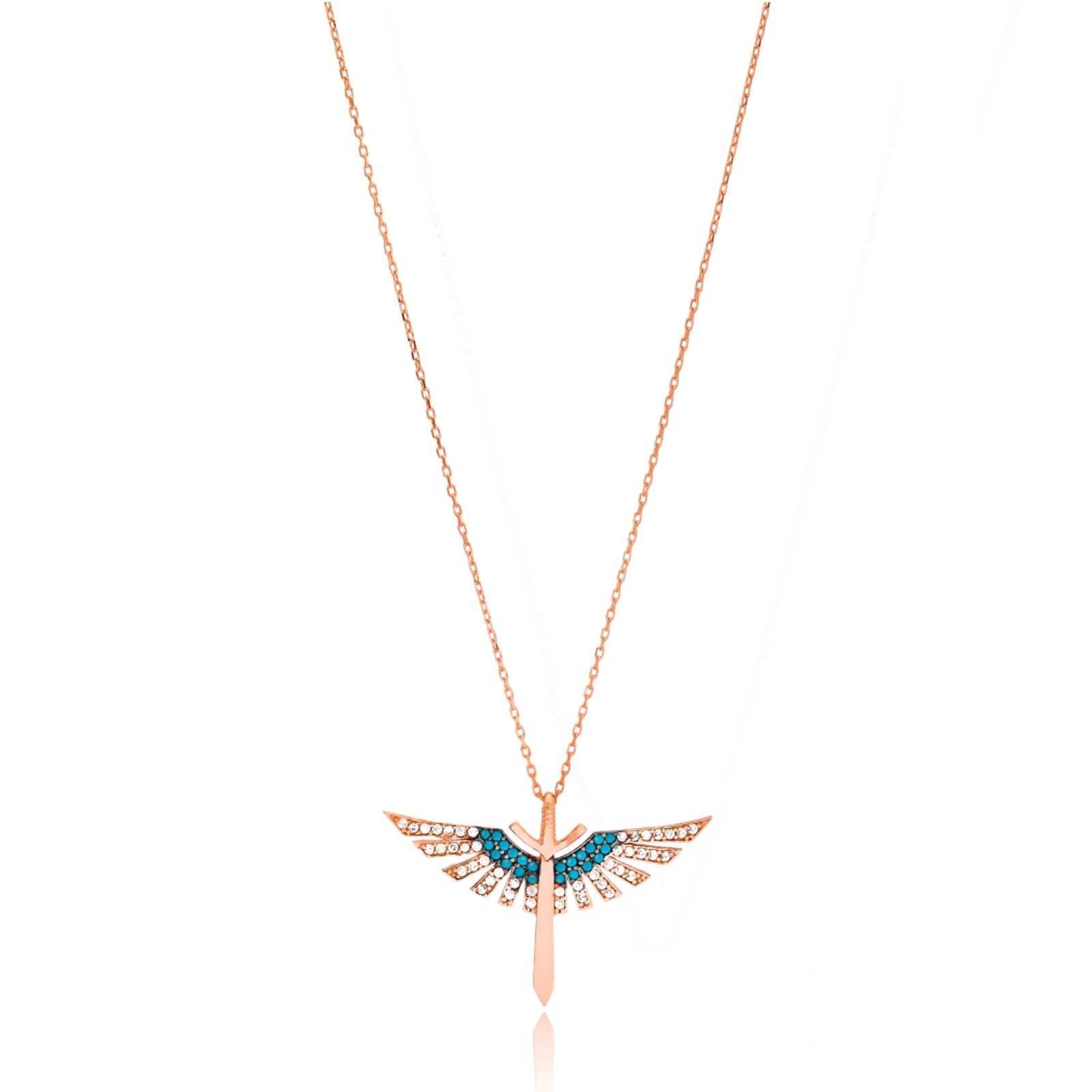 925 Sterling Silver Phoenix Sword Necklace Rose Gold Plated Turquoise Wings Gift