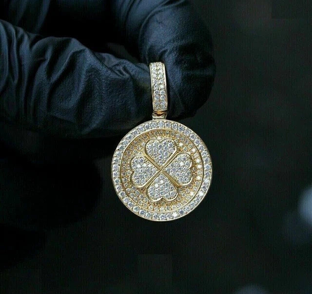 2Ct Round Cut Lab-Created Men’s 4 Leaflet Clover Pendant 14k Yellow Gold Plated