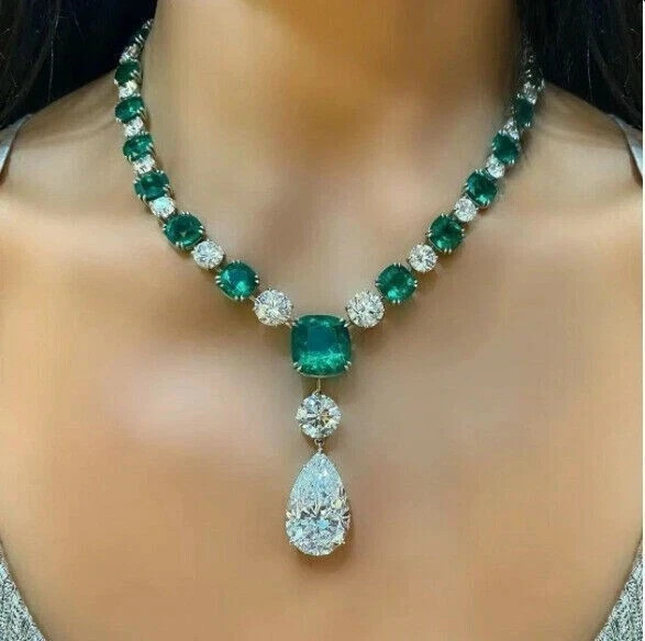 22CT Pear Cut Lab Created 14K White Gold Finish Diamond Women’s Tennis Necklace