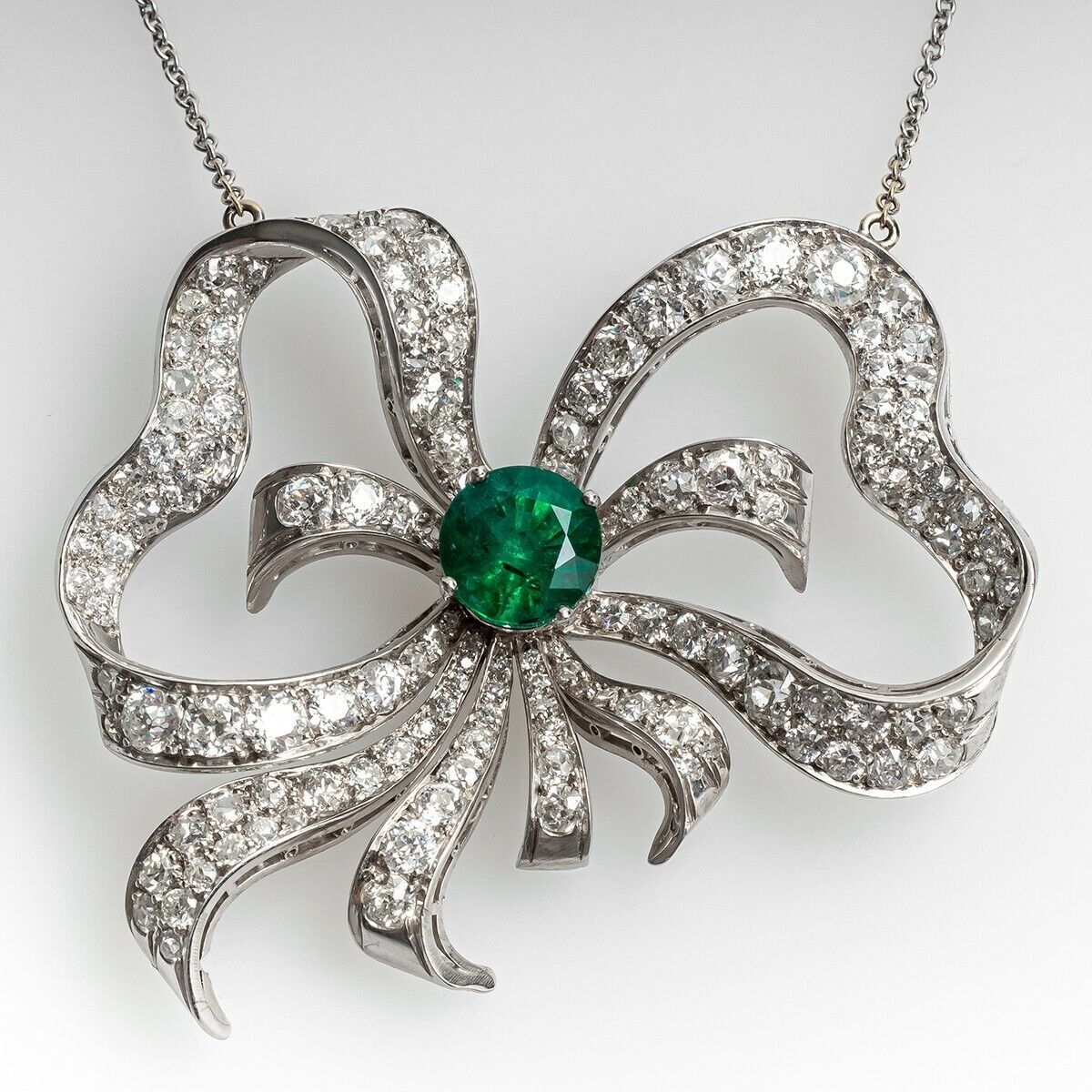 1Ct Round Cut Green Emerald Bow Knot Pendant 14K White Gold Over 18″ Free Chain