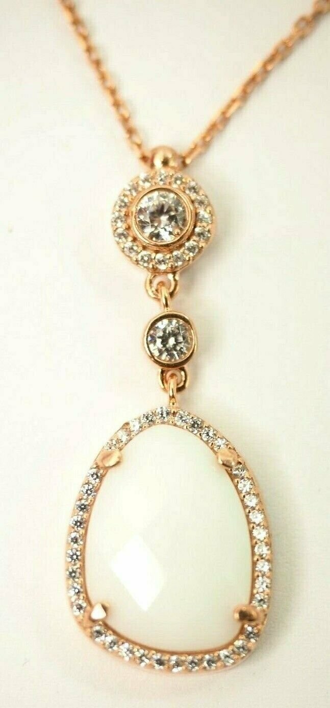 Ladies White Turquois 56 Stone Cubic Zirconia Sterling Pendant Necklace $240 New