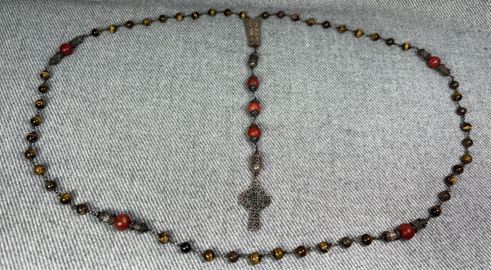 James Avery Retired Openwork Celtic Cross Tiger Eye Coral Bead Necklace 925