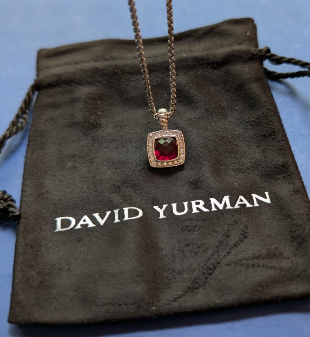 David Yurman Garnet & Diamonds Petite Albion Pendant Necklace Sterling Silver