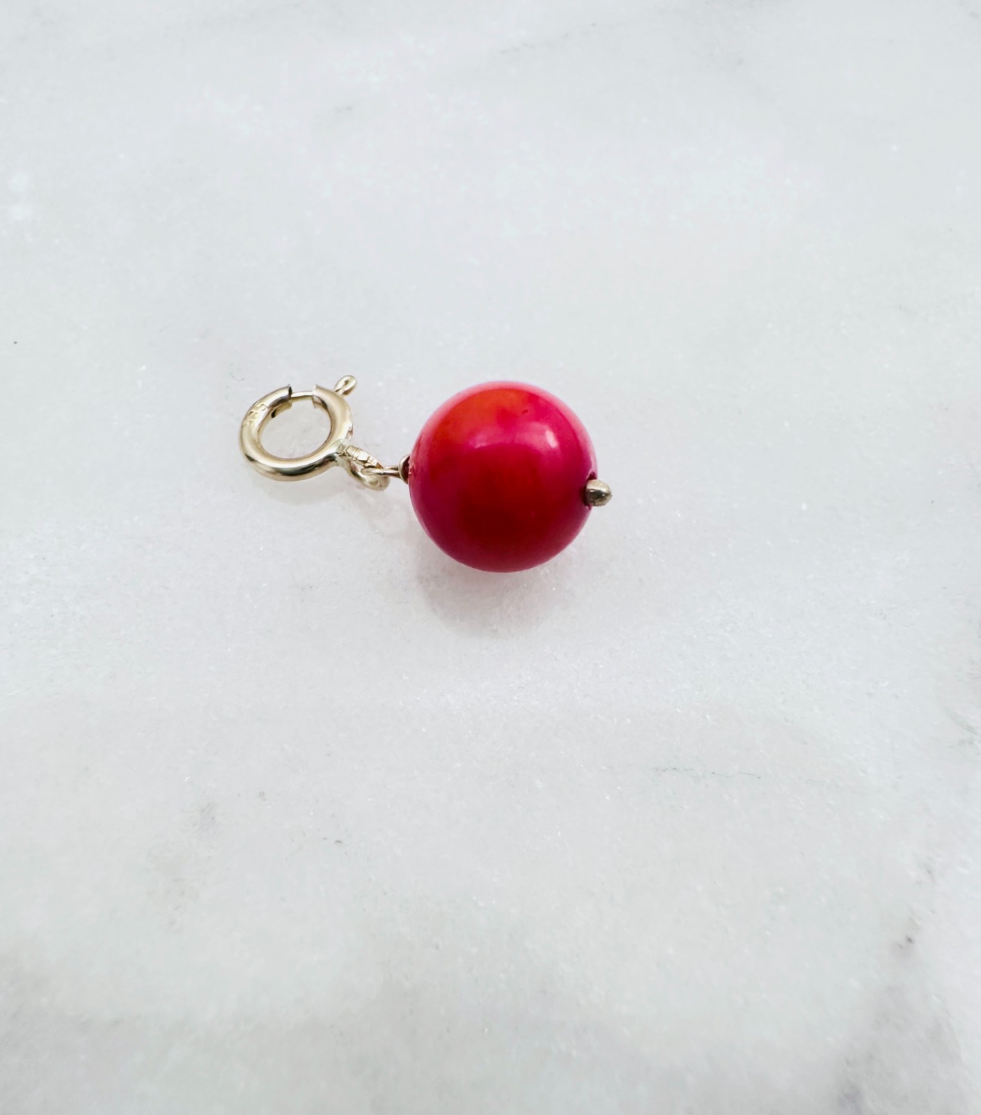 14K Solid Yellow Gold Small Round Red-Orange Coral Charm Pendant w/Spring Clasp