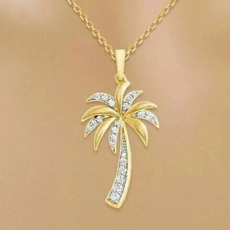 1Ct Round Lab Created Diamond Women’s Palm Tree Pendant 14K Yellow Gold Plated