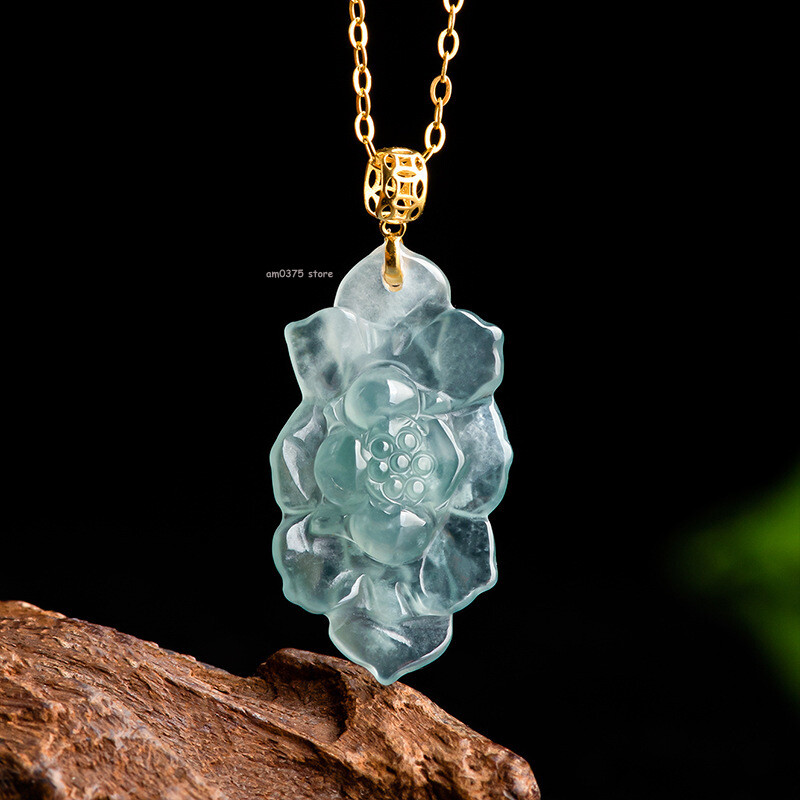 Natural A-grade Jade Jadeite Blue Water Lotus Pendant 18K Yellow Gold Pendant