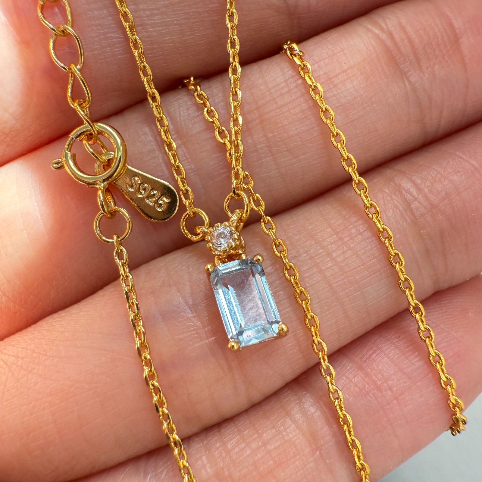 925 Sterling Silver Necklace 6x4mm Natural Blue Aquamarine 14K Gold Plated Chain