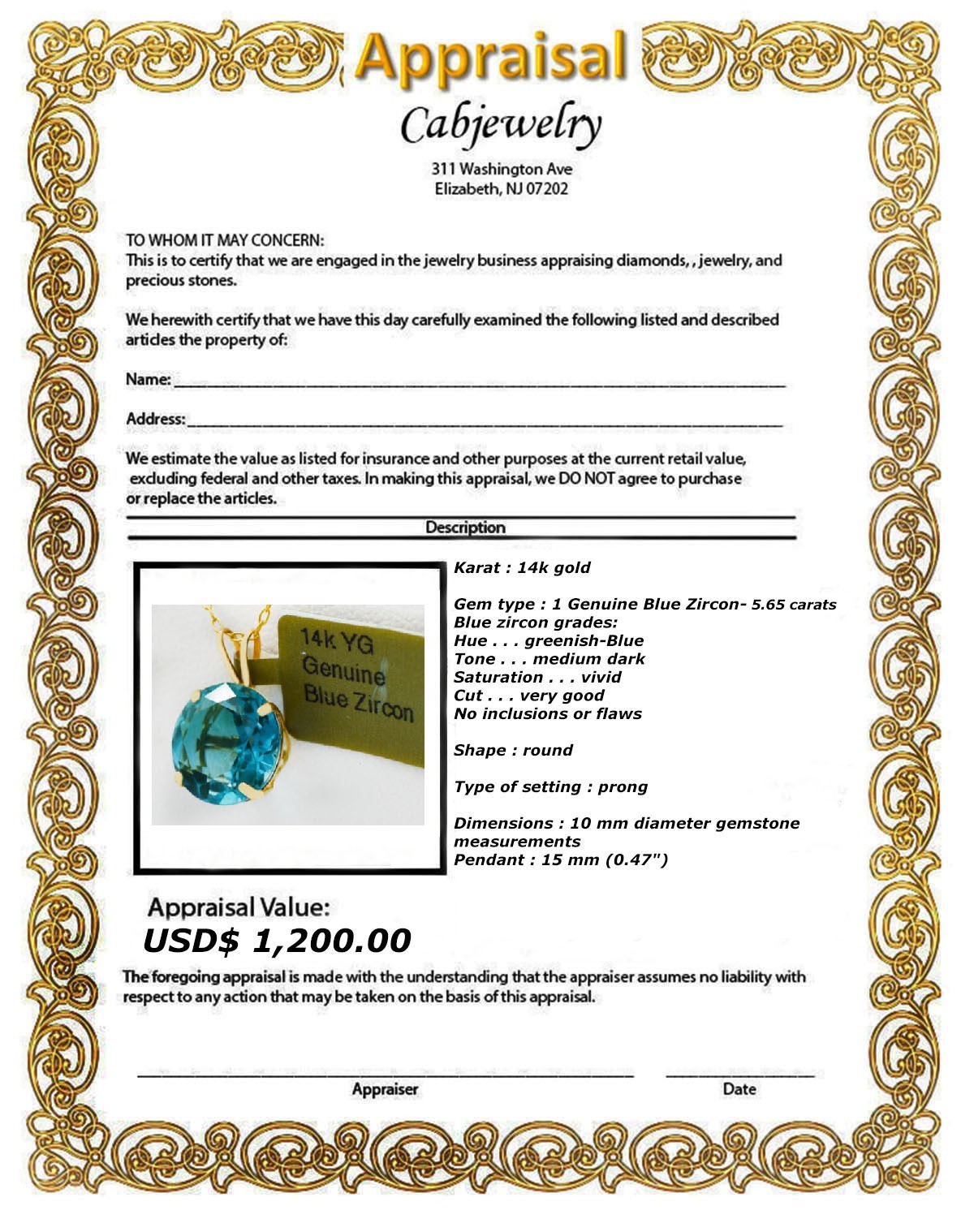 GENUINE 5.65 Cts BLUE ZIRCON PENDANT SOLID 14K GOLD – Free Appraisal – NWT