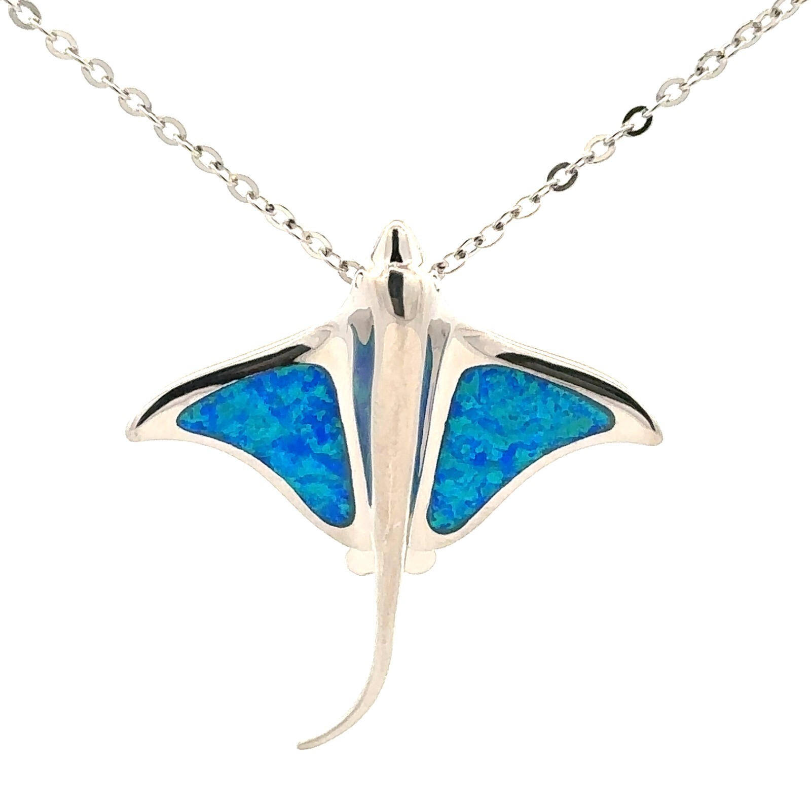 Sterling Silver Stingray Necklace With Created Opal (1 1/4 x 1 1/2 Inch)
