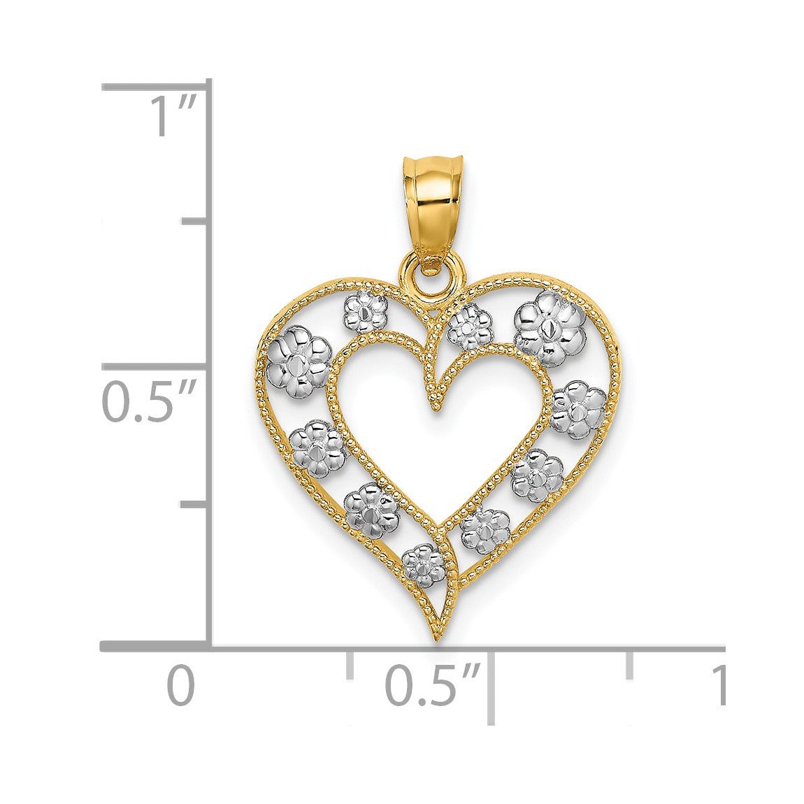 14k Yellow Gold and Rhodium and Beaded Cut-Out Heart w/ Flowers Pendant