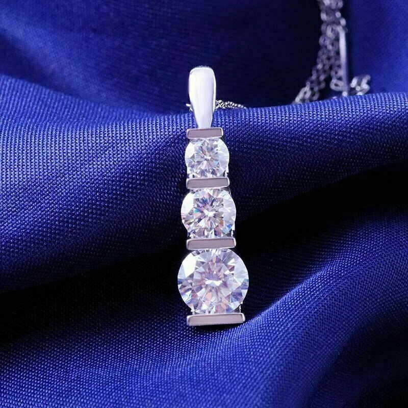 2 Carat Lab Created Diamond Three-Stone Pendant 14K White Gold Finish Free Chain