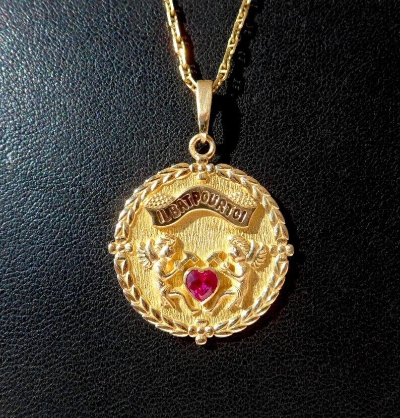 Vintage 0.20Ct Lab Created Ruby AUGIS Women’s /MenPendant 14K Yellow Gold Finish