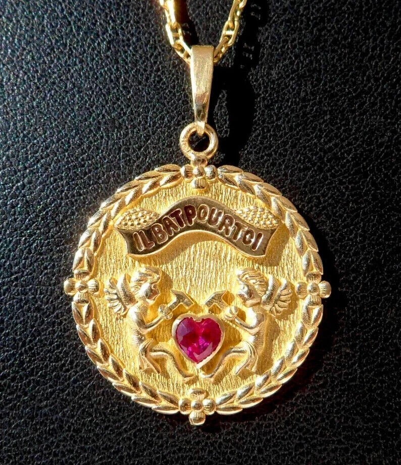 Vintage 0.20Ct Lab Created Ruby AUGIS Women’s /MenPendant 14K Yellow Gold Finish