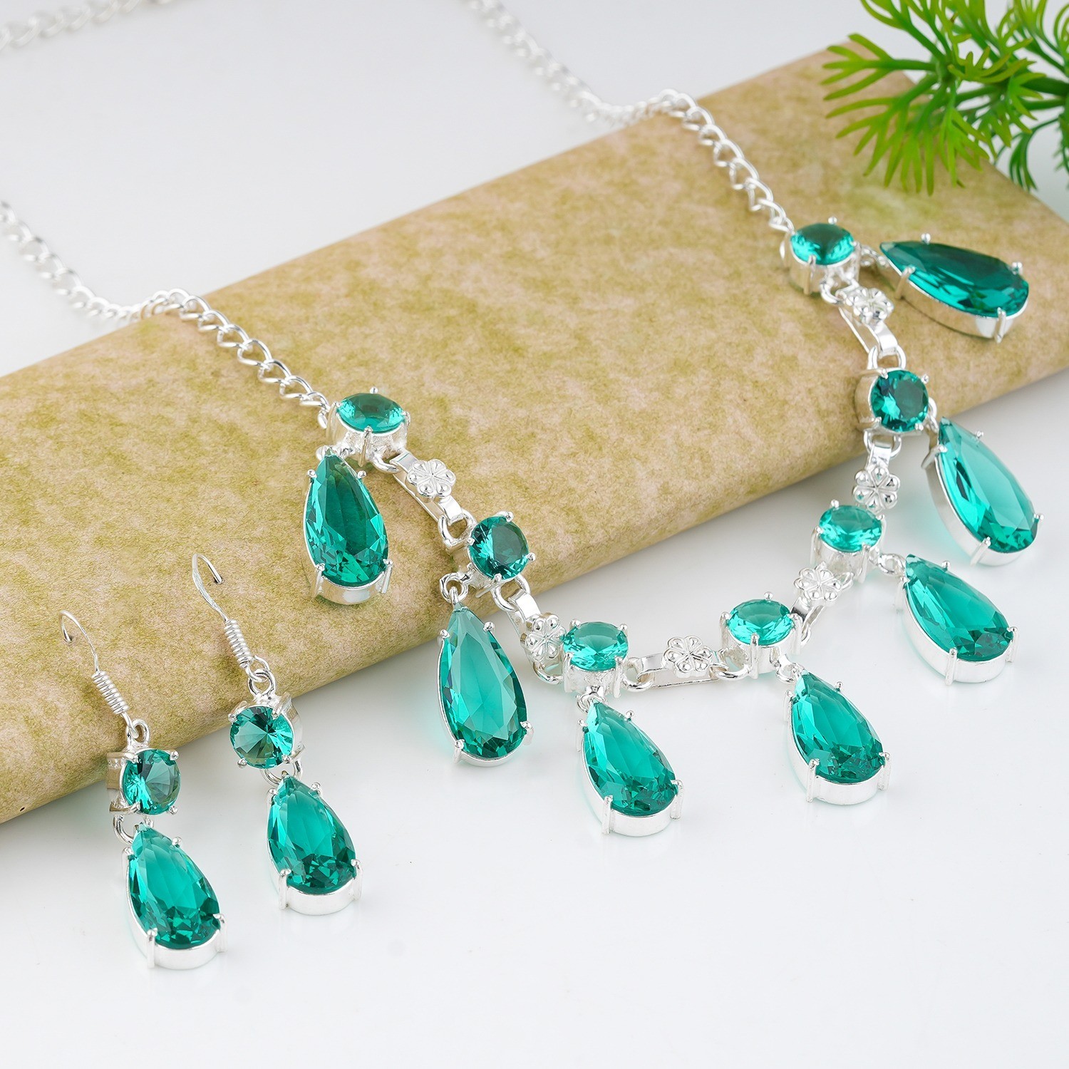 Paraiba Tourmaline Necklace & Earrings Gemstone 925 Sterling Silver Jewelry Set