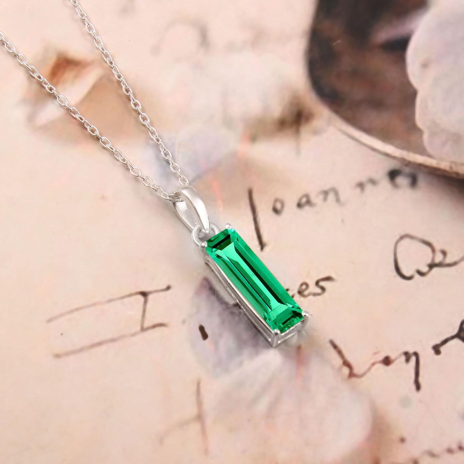 Emerald Baguette Cut Pendant Sterling Silver Necklace For man Women