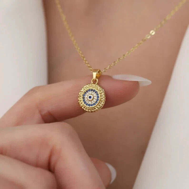 0.5Ct Lab Created Diamond & Sapphire 14k Yellow Gold Over Evil Eye Pendant Gift