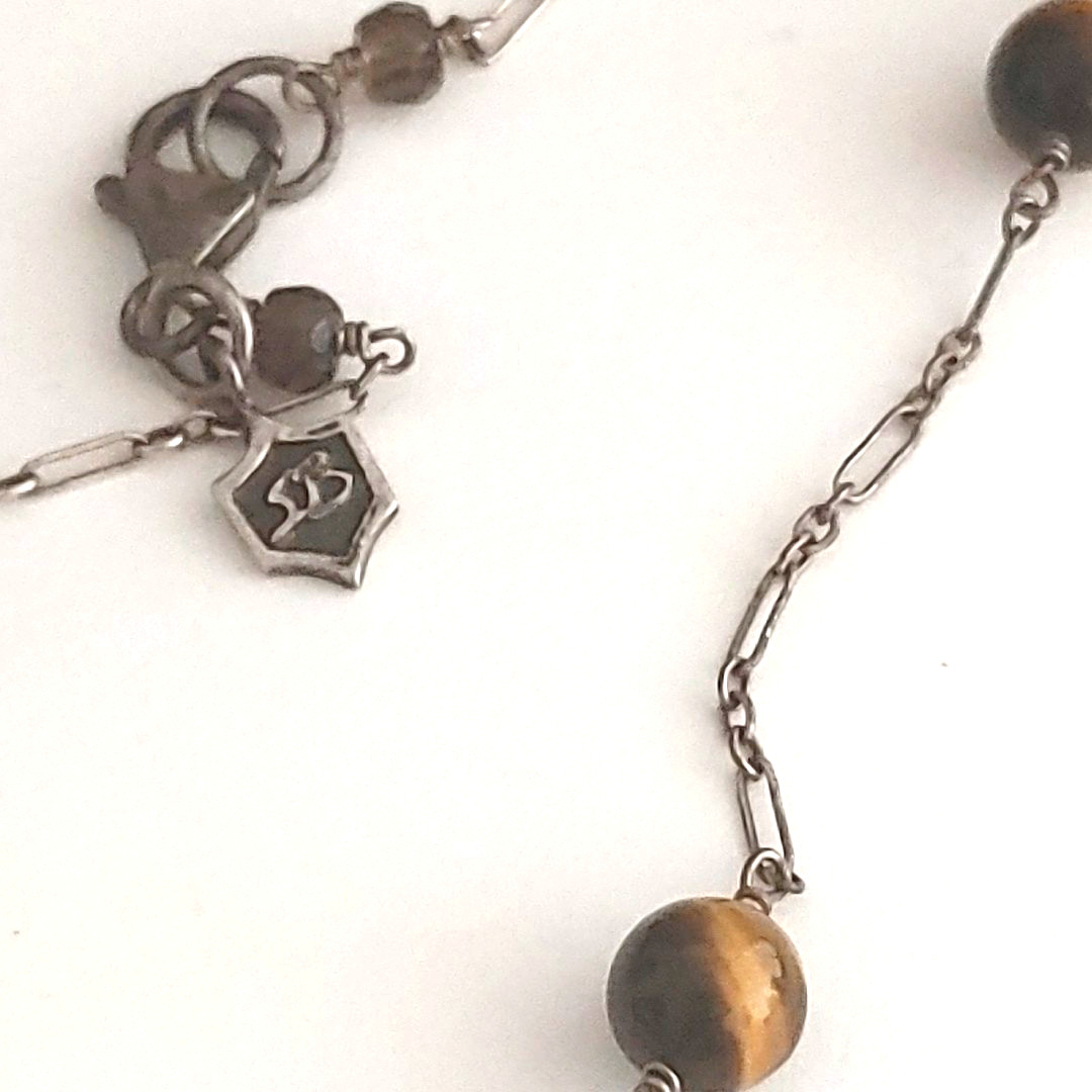 Sterling Silver Tiger’s Eye CROSS Pendant Necklace Rosary Style Chain Signed 32”