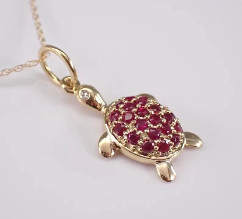 0.80Ct Round Cut Lab-Created Red Ruby Turtle Pendant 14K Yellow Gold Plated