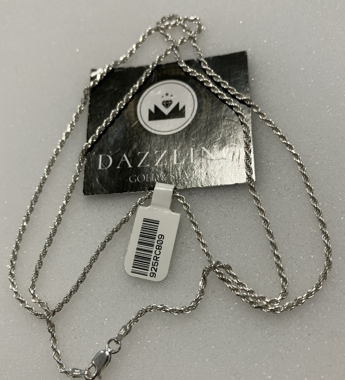 925 Sterling Silver Italy Rope Chain 8.1grams 2mm 26” New with Tag. Dazzling