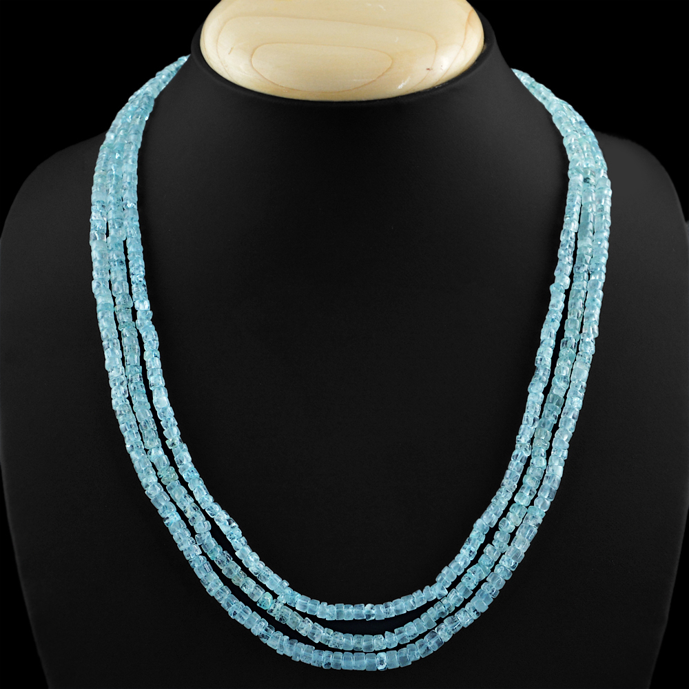 241.95 CTS NATURAL 3 LINES RICH BLUE AQUAMARINE BEADS NECKLACE(RS)