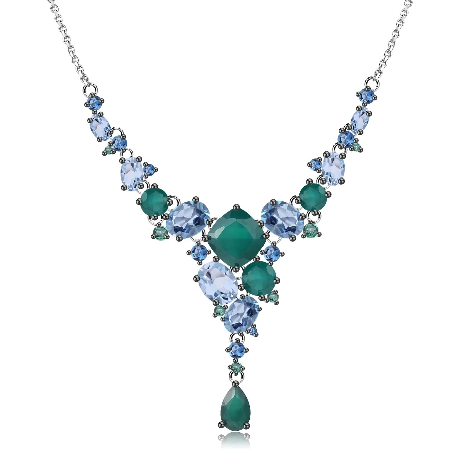 Green Agate Topaz Cascading Bridal Necklace Sterling Silver May BirthStone