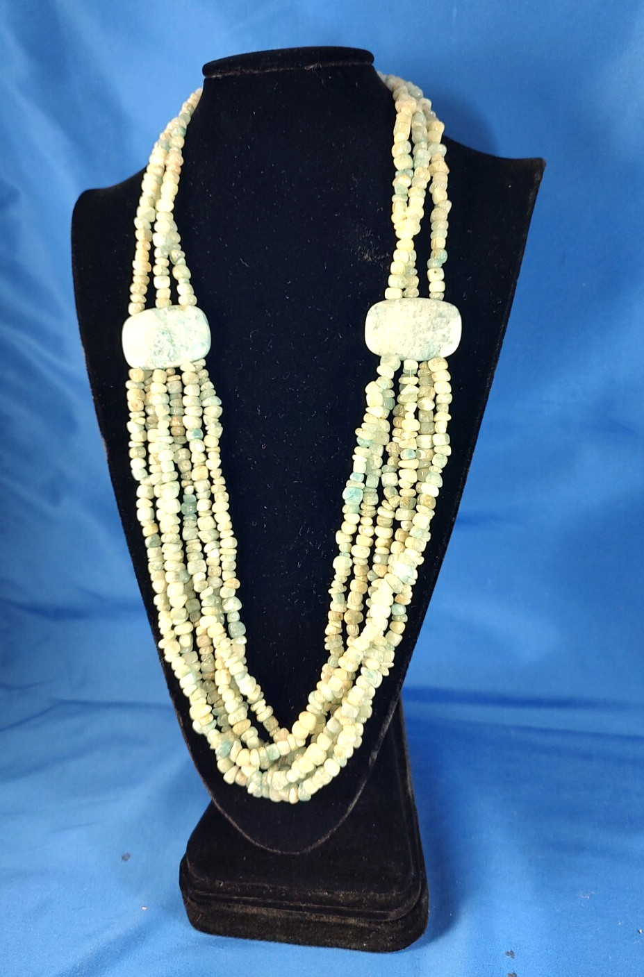 Natural Aquamarine Stone and Bead Multi-Strand Necklace Signed 925 RB