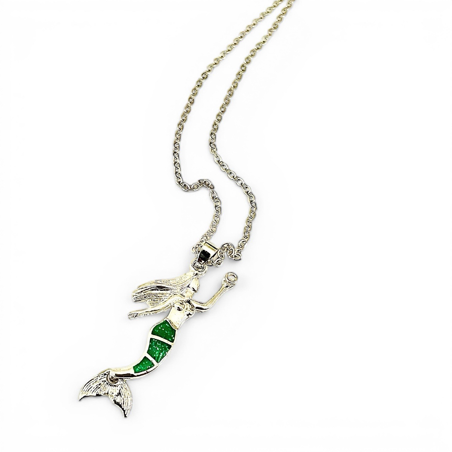 New Sterling Silver Mermaid Pendant Necklace with Green Opal Inlay 🇺🇸 Seller