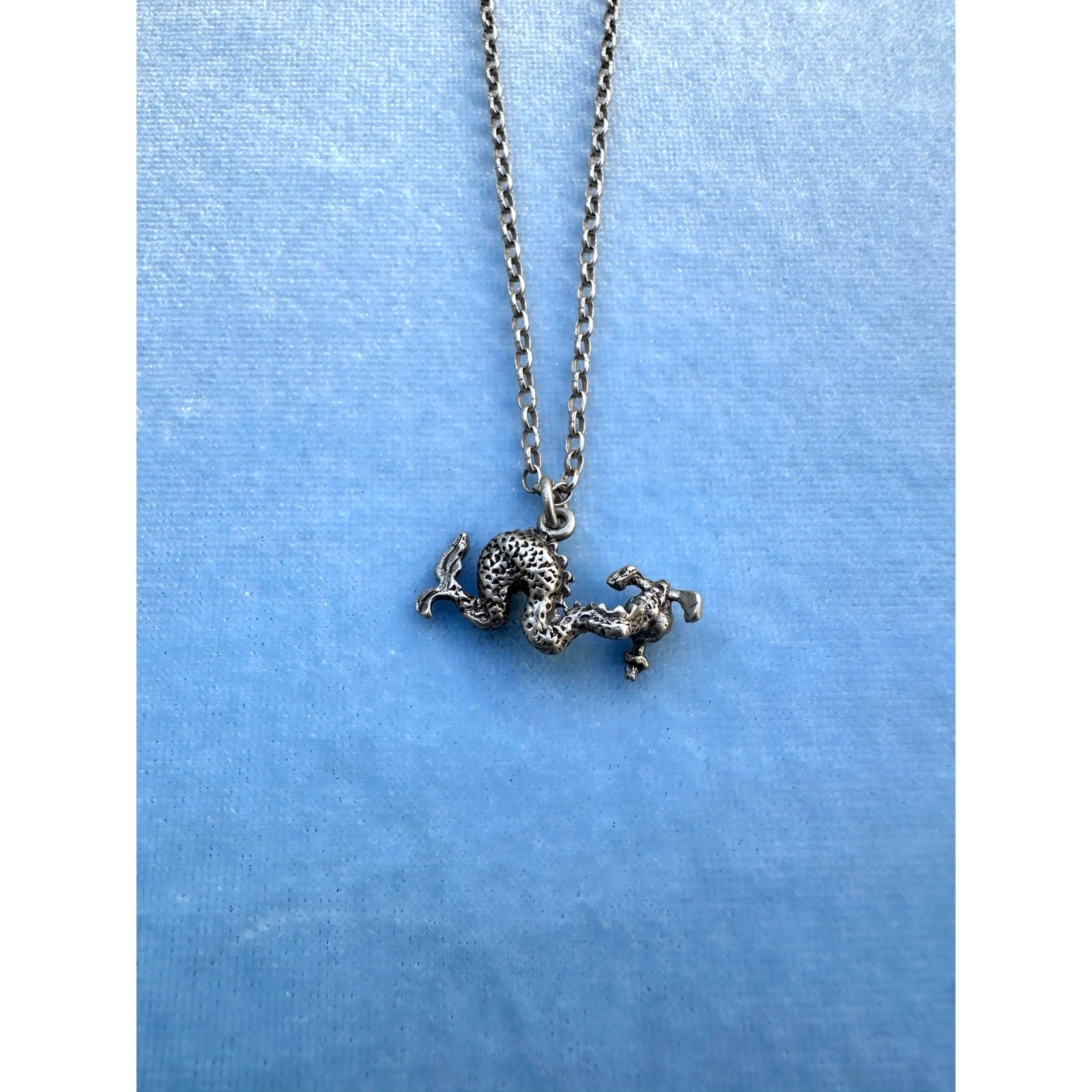 Vintage 925 Sterling Silver Chinese Dragon Pendant Necklace Serpentine Charm