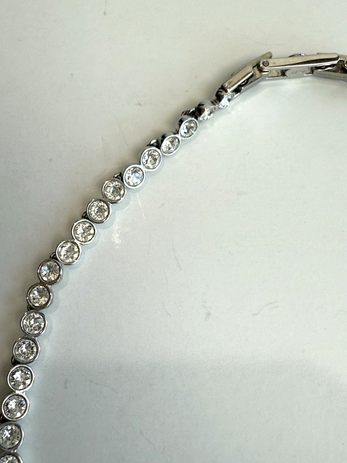SWAROVSKI Clear Crystal Silver Plated Tennis Necklace Bezel Choker Signed 16″