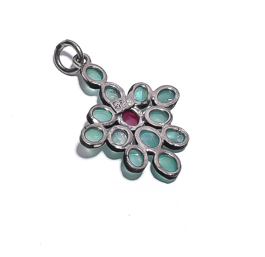 AAA Emerald Ruby Gemstone Ethnic Style 925 Sterling Silver Pendant 1.2″ P-358