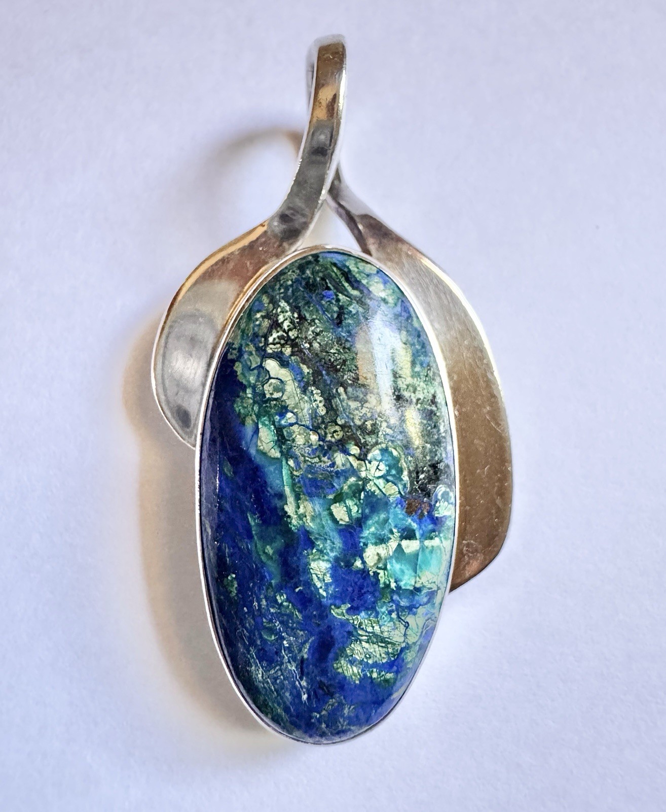Vintage 70s? Azurite Malachite Sterling Silver Artist Signed Hallmarked Pendant
